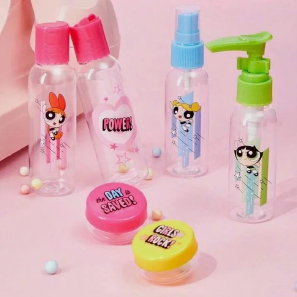 Powerpuff Girls 7pc Lot Travel Set Spray Squirt Bottles, Lidded Containers, Bag - Picture 3 of 6